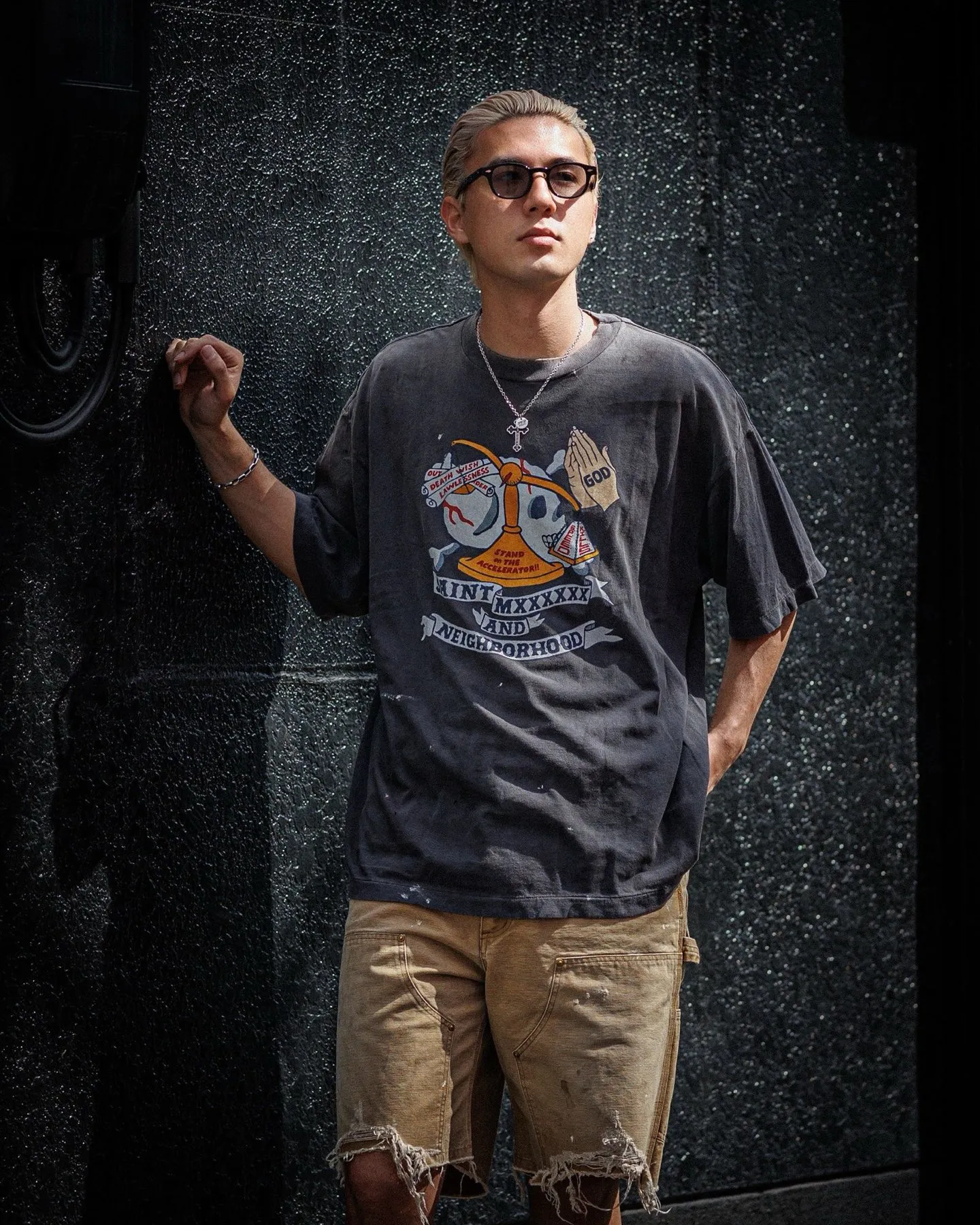 SAINT Mxxxxxx × NEIGHBORHOOD STHD . SS TEE PRAY/BLK NBHD Shinsuke Takizawa co-branded model Praying scale tee Washed black S-XL SAINT HOOD theme co-branded capsule series Garment dyeing Rewashing water fading Destroying graffiti Simulating natural distressed effect Top printing technology Washing treatment Correct version Customized joint main mark/wash mark/cherub mark
